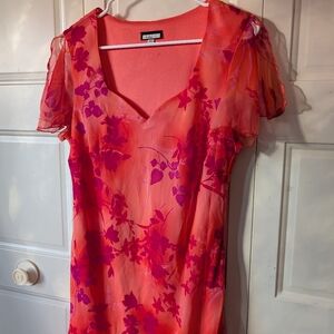 Vintage Pink Orange Floral Sheer Sleeve Summer Maxi Dress